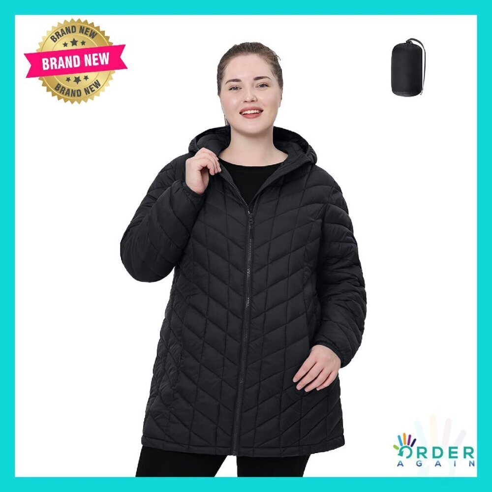 Packable Puffer Jacket Water-Resistant Lightweight Hooded Winter Coat Plus Size